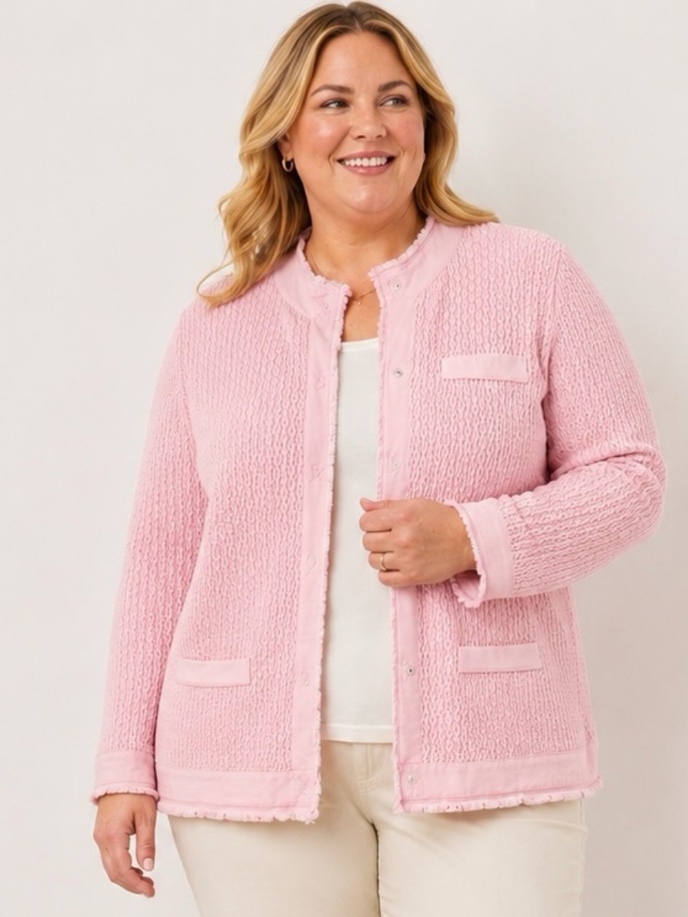 Talbots Pink Boucle Knit Jacket 1X Quiet Luxury Cardigan Textured Cotton